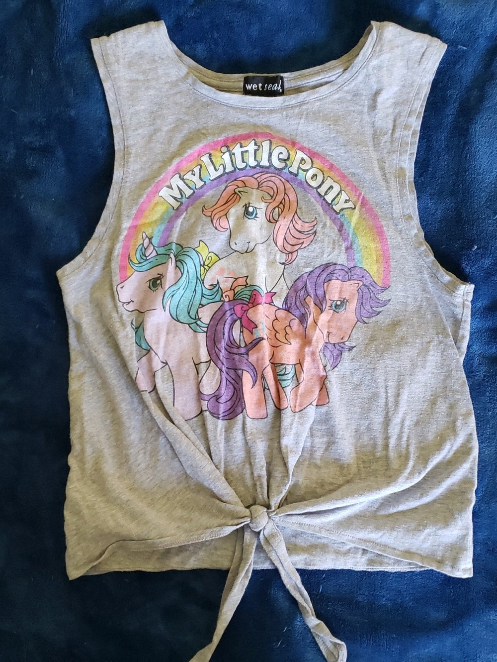 Vintage Wet Seal My Little Pony Graphic Tank Top Gray Tie Front Gen 1 G1 Rainbow